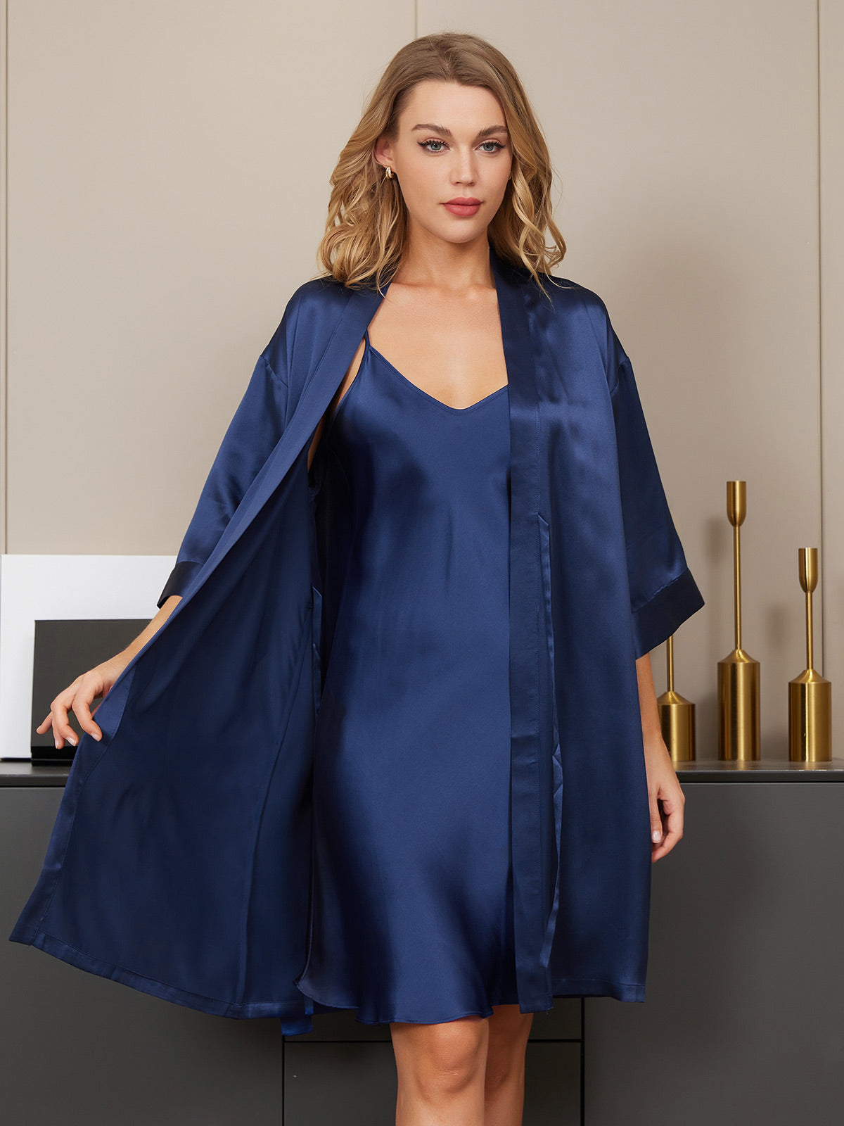 SilkSilky  Pure Silk 3/4 Sleeve Nightgown&Robe Set DarkBlue 005