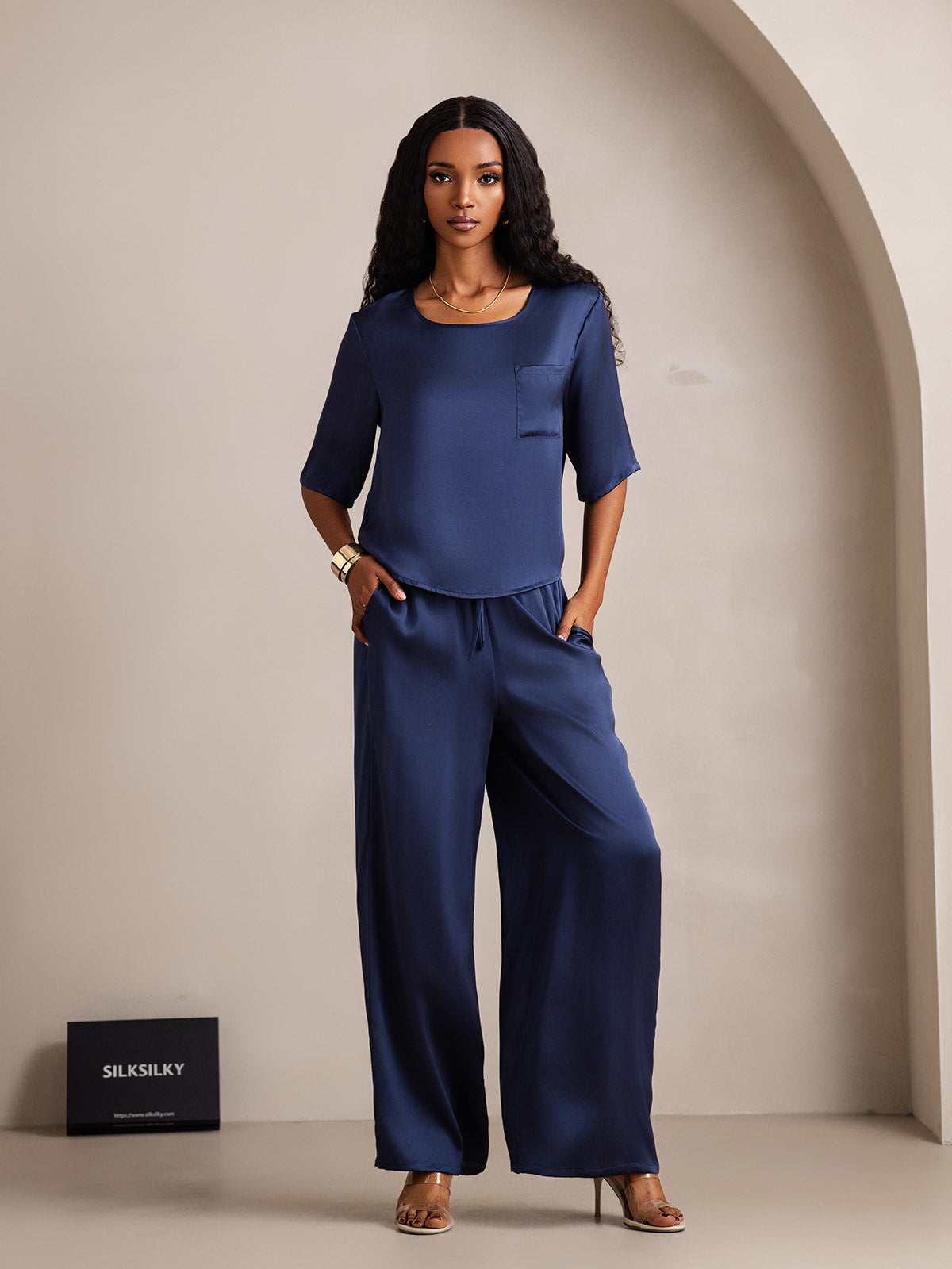 [Dark Blue] SilkSilky  Pure Silk Round Neck Women's Pajamas 001