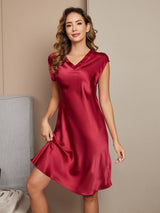 [Wine] SilkSilky  Cap Sleeve V Neck Nightgown 003
