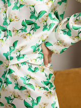 [Green Floral] SilkSilky  Pure Silk Notch Collar Women's Pajamas 008,