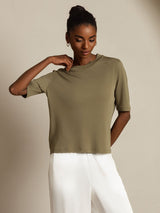 [Burnt Olive] SilkSilky  Half Sleeve Crew Neck Women's T-Shirt 008