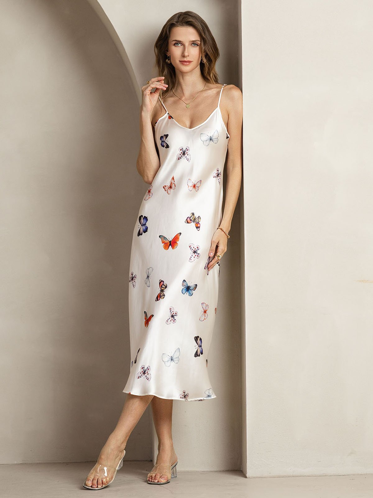 [White Butterfly] SilkSilky  19Momme Silk V Neck Dress 004