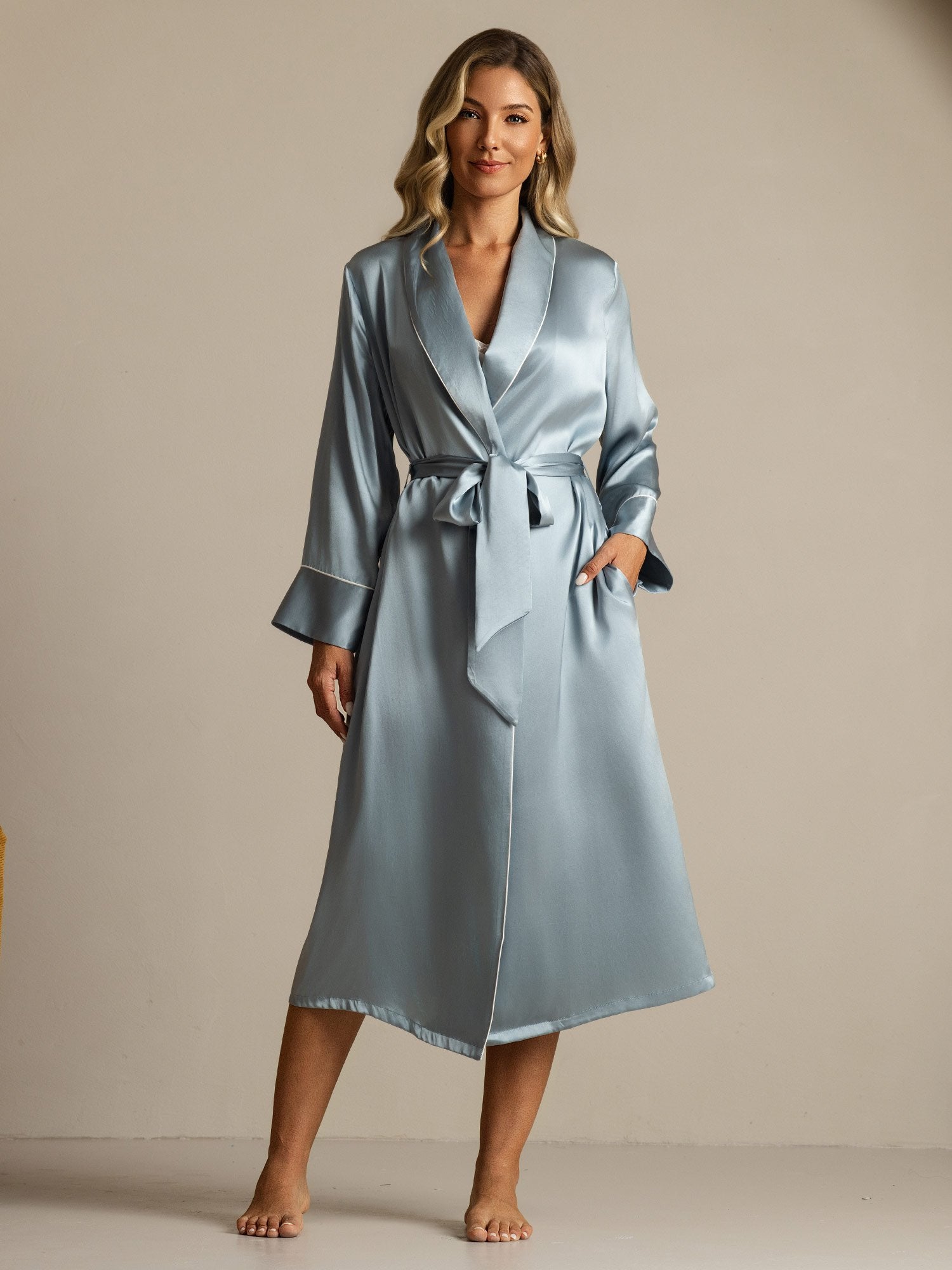 [GrayishBlue] SilkSilky Pure Silk Collar Women's Robe 003