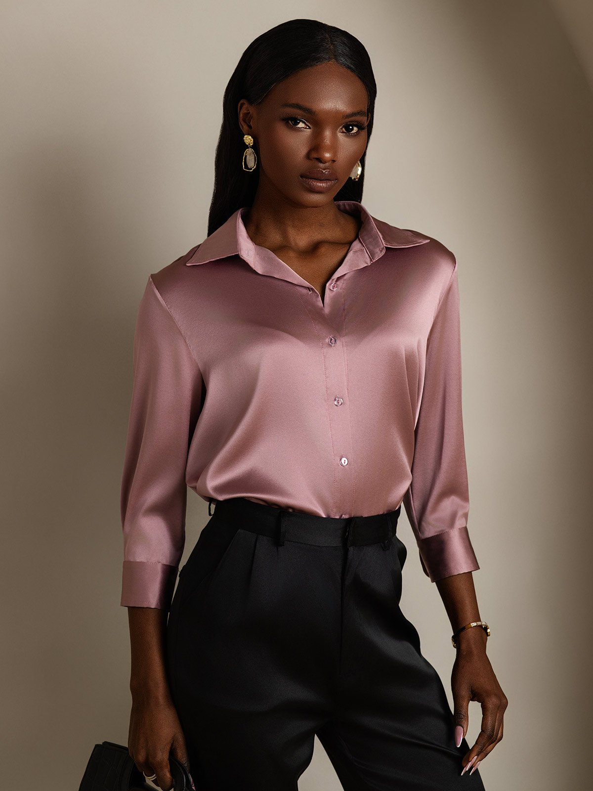 SilkSilky 19Momme Silk Long Sleeve Lapel Women's Shirt PaleMauve 001