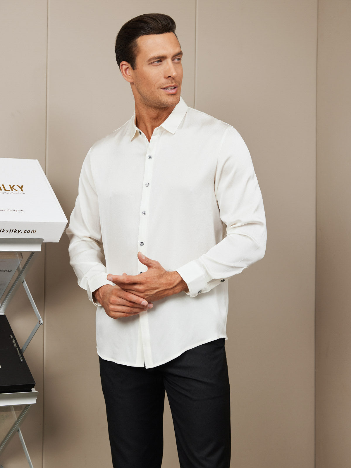 SilkSilky  Silk Blend Long Sleeve Collar Men's Shirt White 001