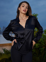 [Black] SilkSilky  Long Sleeve Lapel Collar Women's Shirt 001