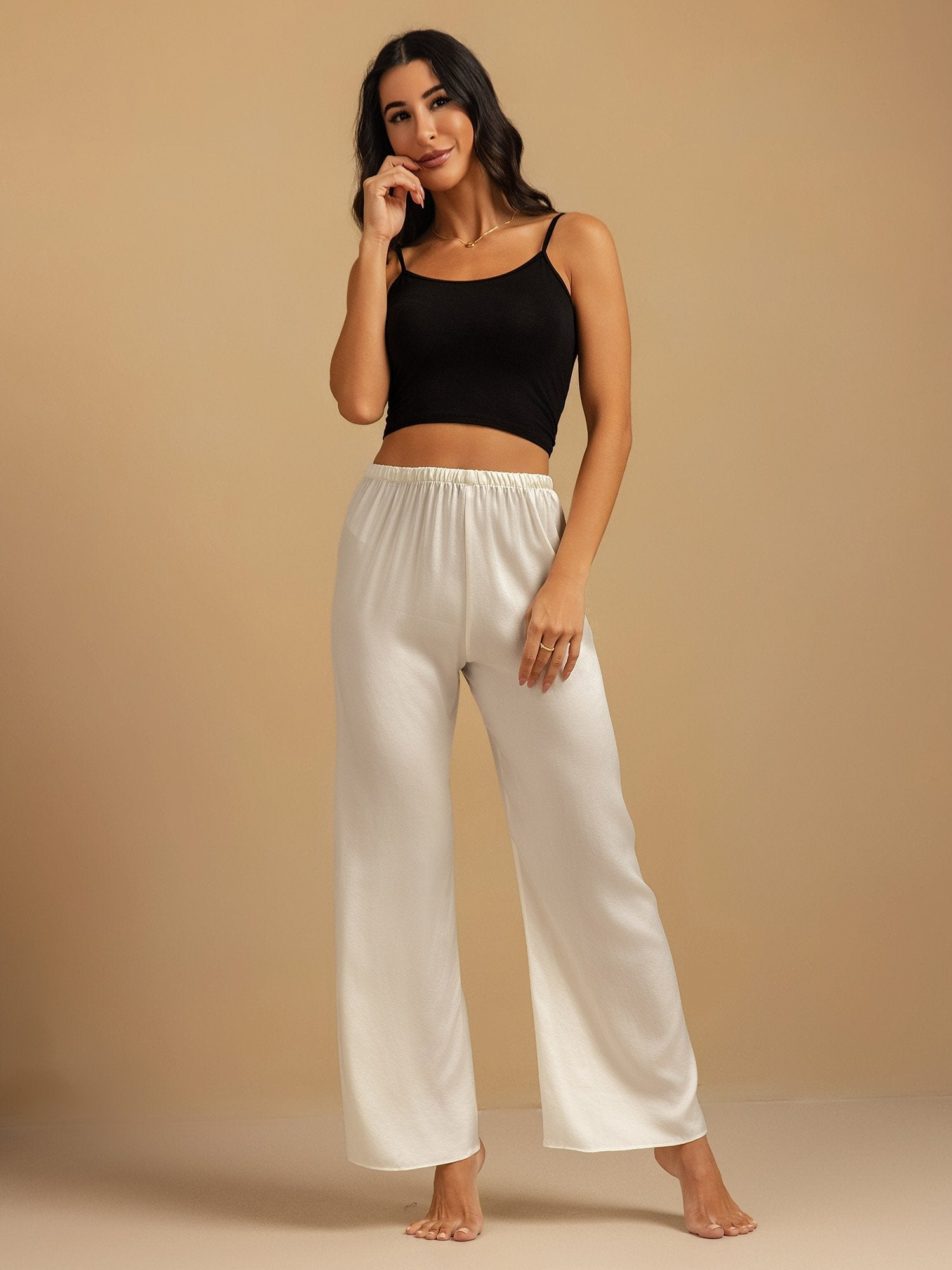 [White] SilkSilky  19Momme Silk Womens Sleep Bottoms 005,