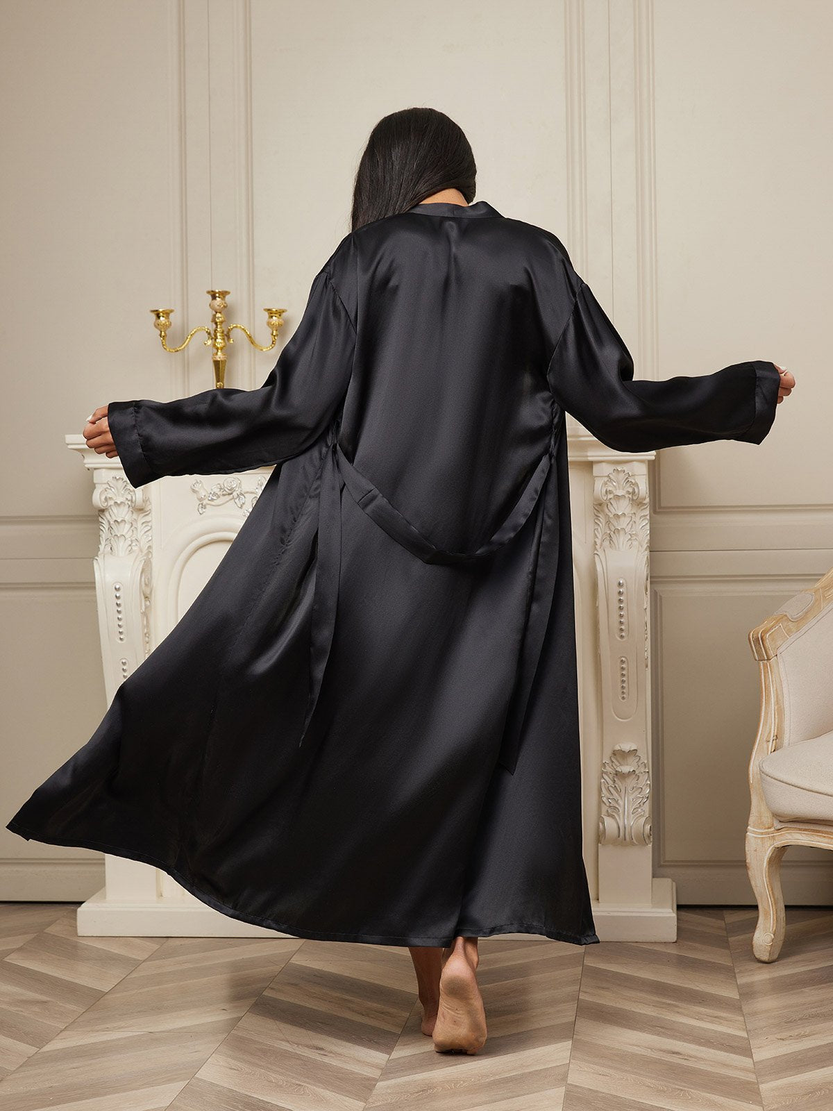 SilkSilky  Pure Silk Long Sleeve Womens Robe Black 002