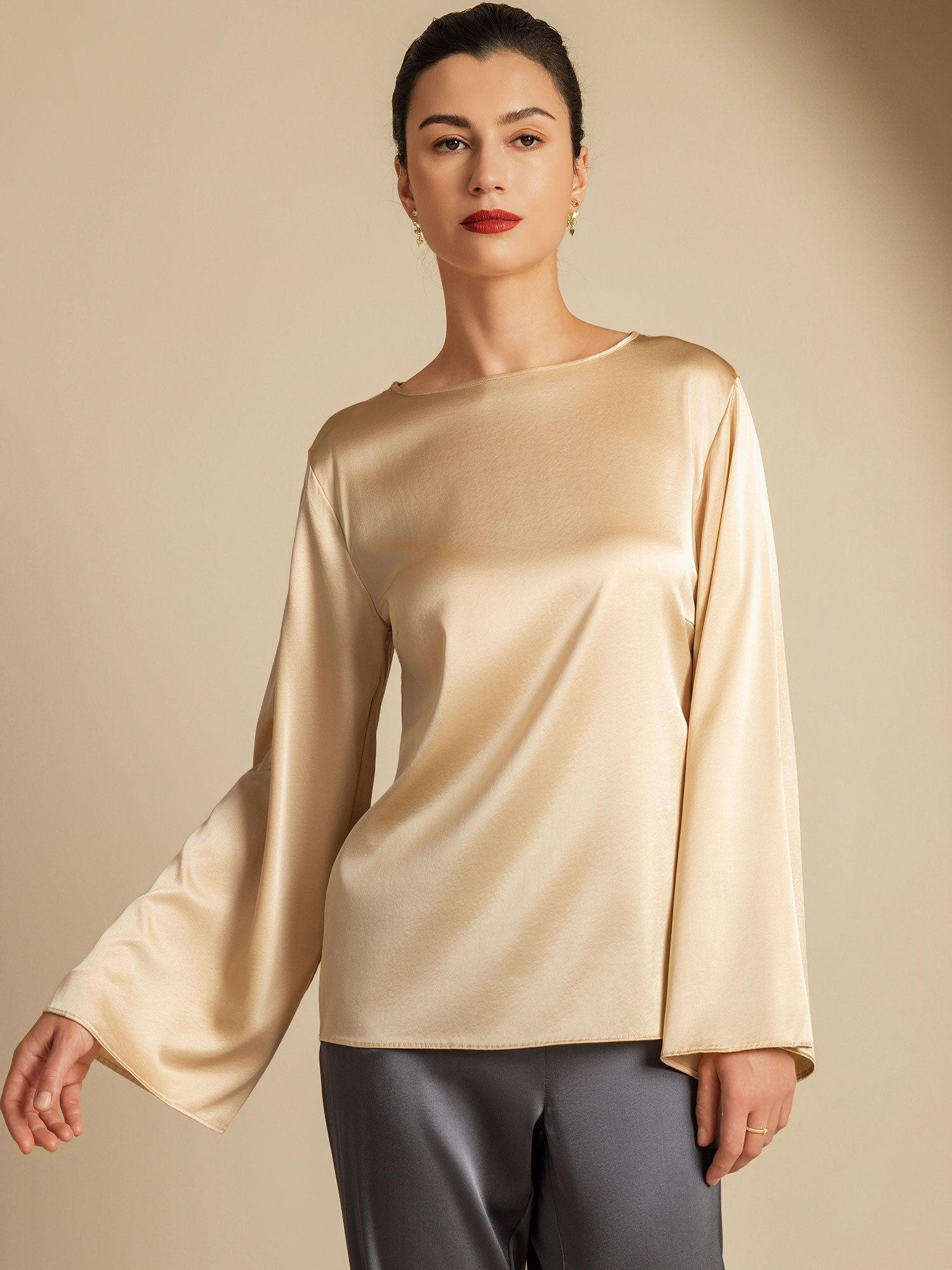 [Champagne] SilkSilky  19Momme Silk Round Neck Women's T-Shirt 001,