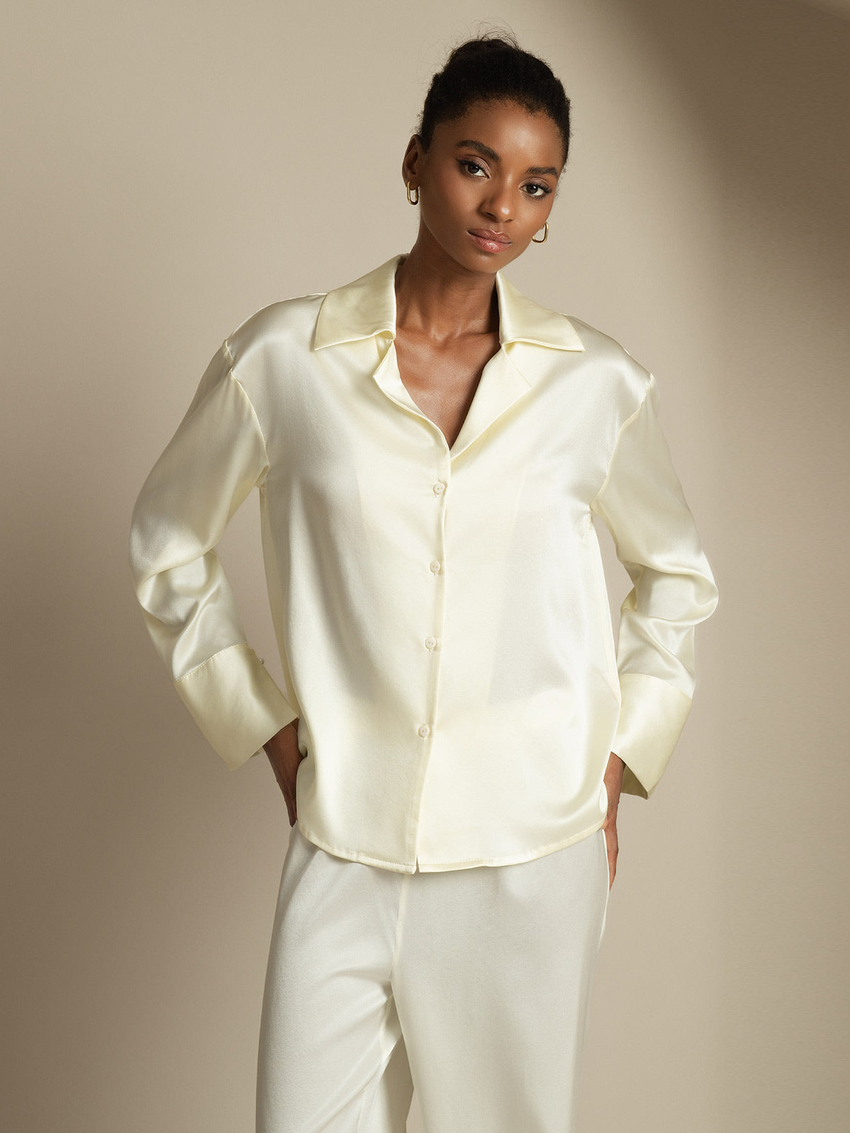[Ivory] SilkSilky  19Momme Silk Notch Collar Women's Shirt 005