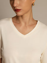 [Beige] SilkSilky  Short Sleeve V Neck Women's T-Shirt 003