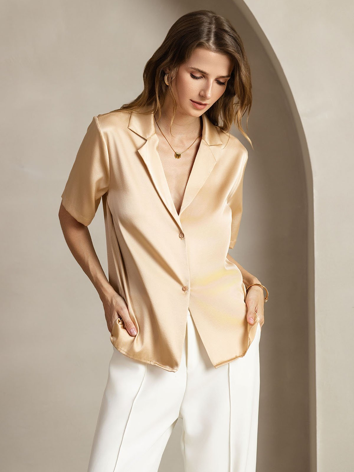 [Champagne] SilkSilky 19Momme Silk Notched Neck Women's Shirt 001