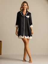 [Black] SilkSilky  Pure Silk Lapel Collar Nightshirt 006