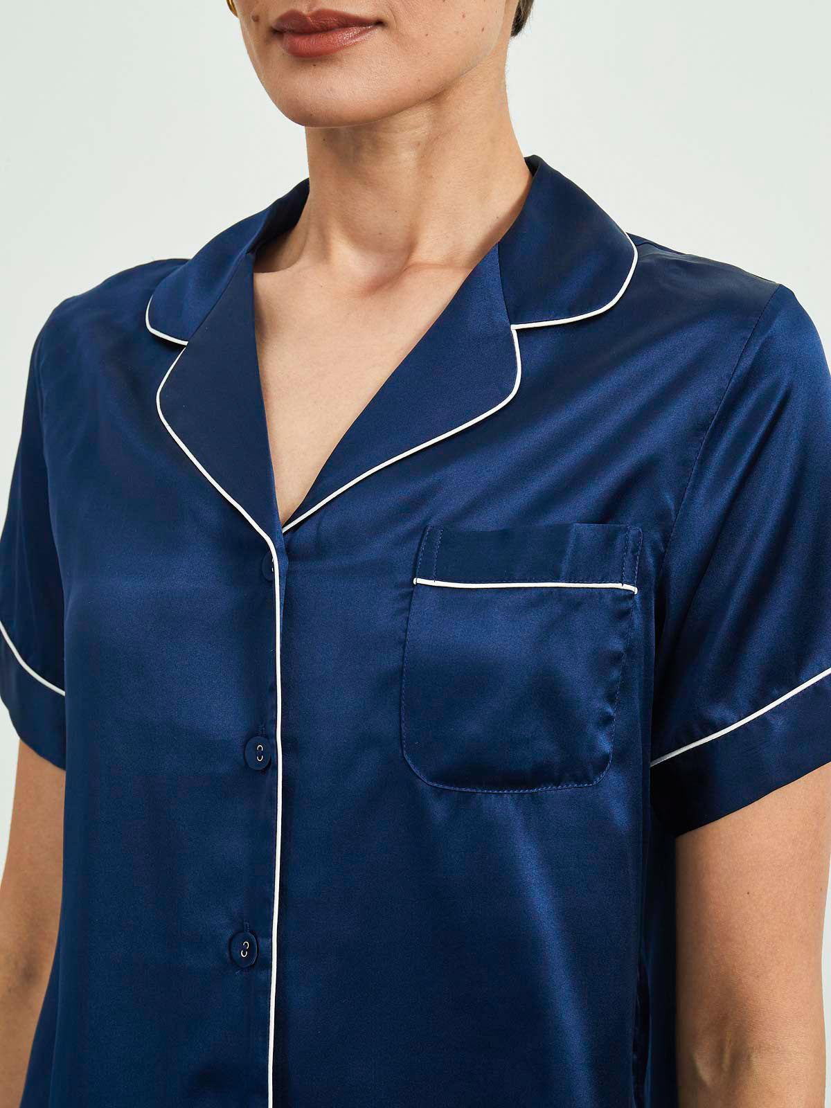 SilkSilky  Pure Silk Short Sleeve Lapel Women's Pajamas DarkBlue 004