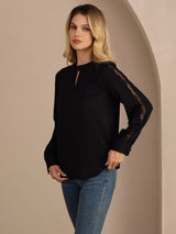 [Black] SilkSilky Long Sleeve Keyhole Neck Women's Blouse 004