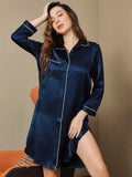 SilkSilky US Pure Silk 3/4 Sleeve Lapel Nightshirt DarkBlue 007