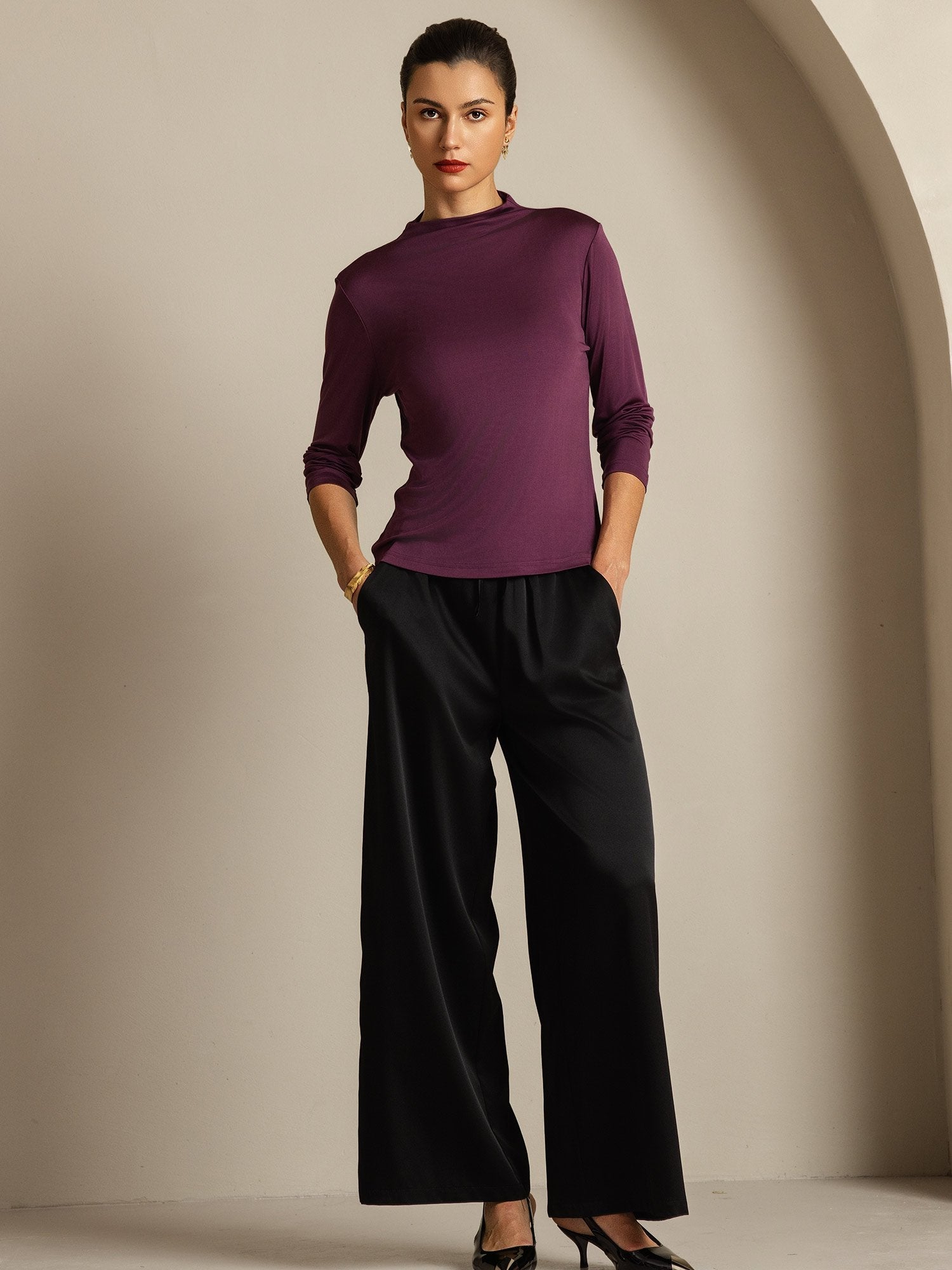 [Purple] SilkSilky  Pure Silk High Neck Women's T-Shirt 005