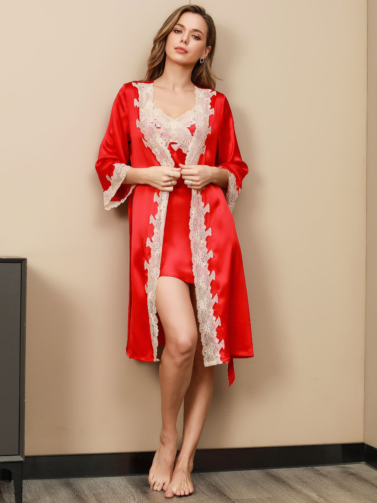 SilkSilky  Pure Silk 3/4 Sleeve Nightgown&Robe Set Red 002