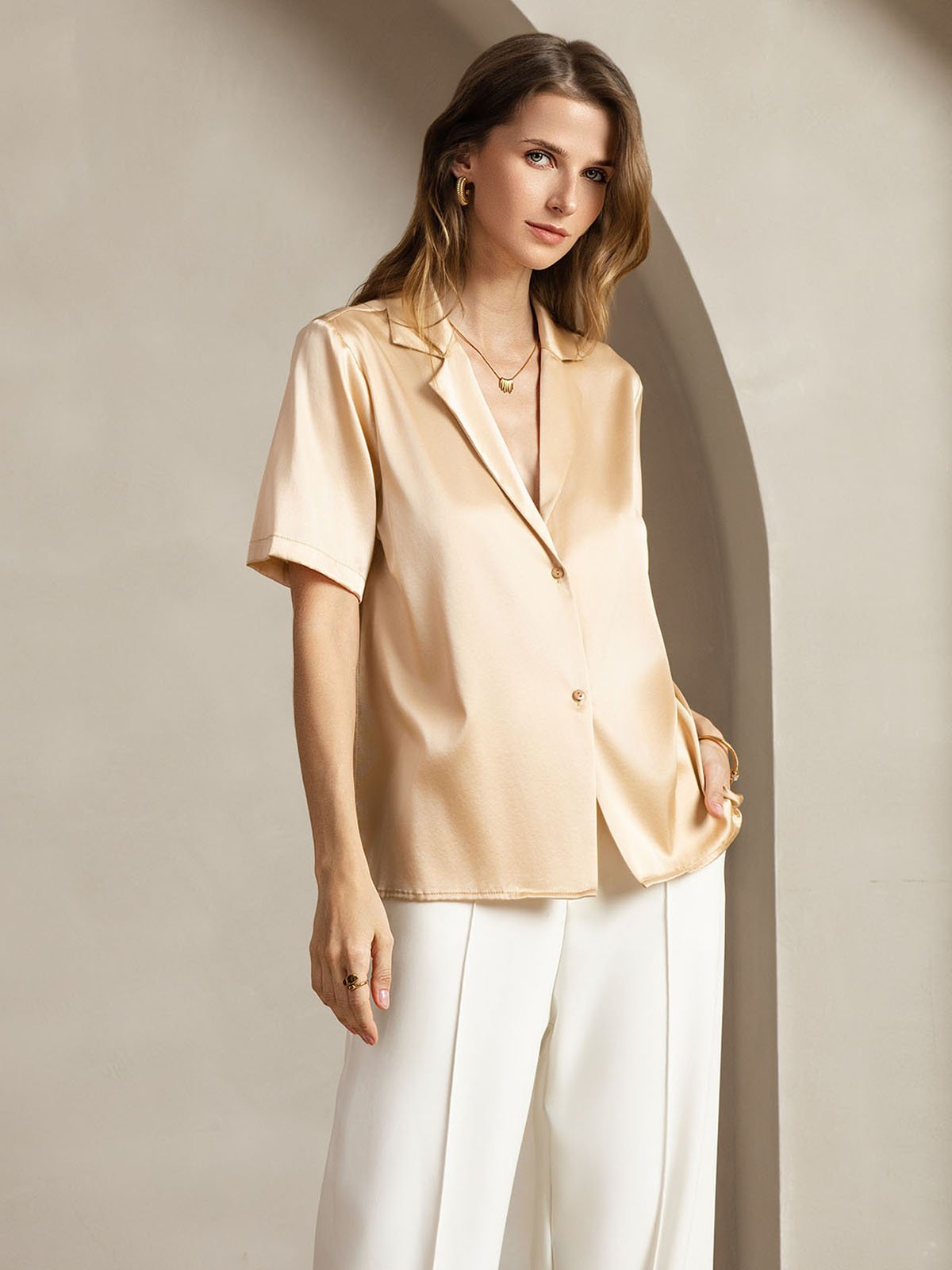 [Champagne] SilkSilky 19Momme Silk Notched Neck Women's Shirt 005