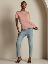 [Pink] SilkSilky  100% Silk Jersey Short Sleeve Mock Neck Women's T-Shirt 004