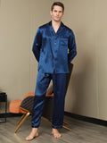 SilkSilky US Pure Silk Long Sleeve Lapel Men's Pajamas DarkBlue 005