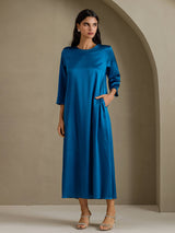 [Teal] SilkSilky 3/4 Sleeve Round Neck Dress 001