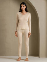 [Beige] SilkSilky  Long Sleeve V Neck Women's Long Johns 001
