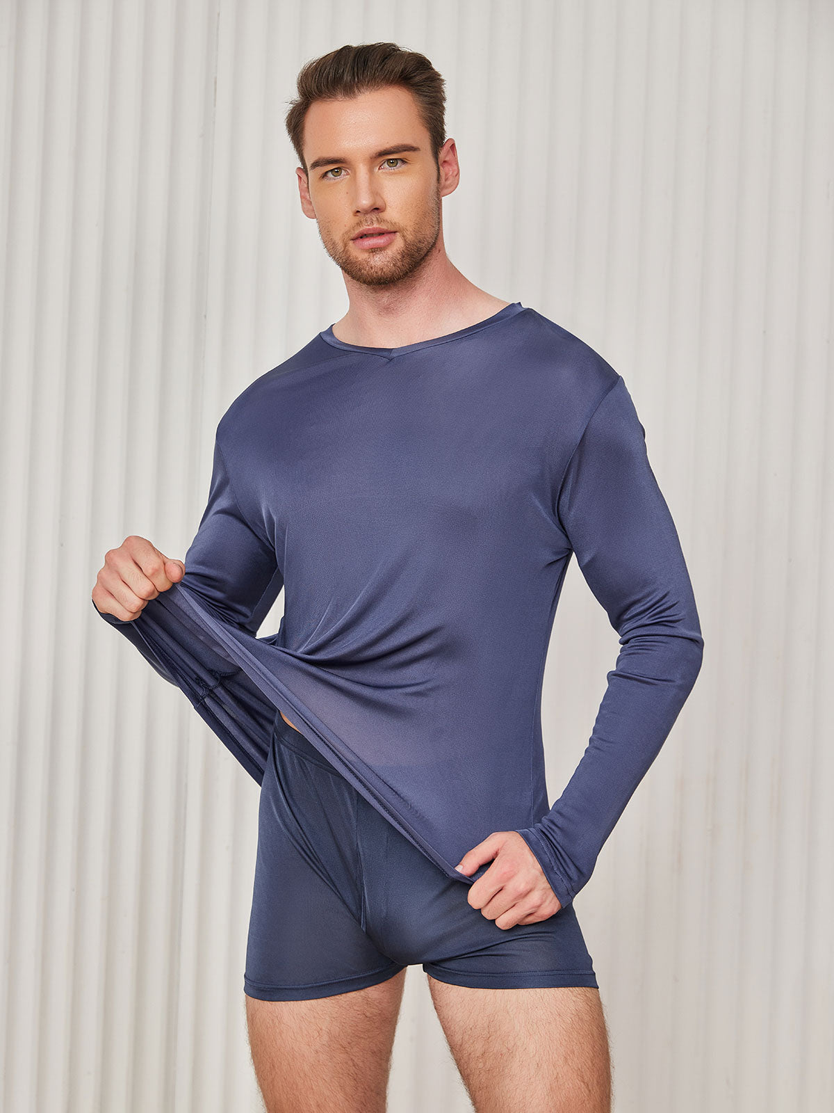 SilkSilky US Silk Knitted Long Sleeve V Neck Men's T Shirt DarkBlue 003