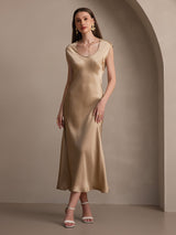 [Champagne] SilkSilky  19Momme Stretch Silk Charmeuse Cap Sleeve Scoop Neck Dress 007