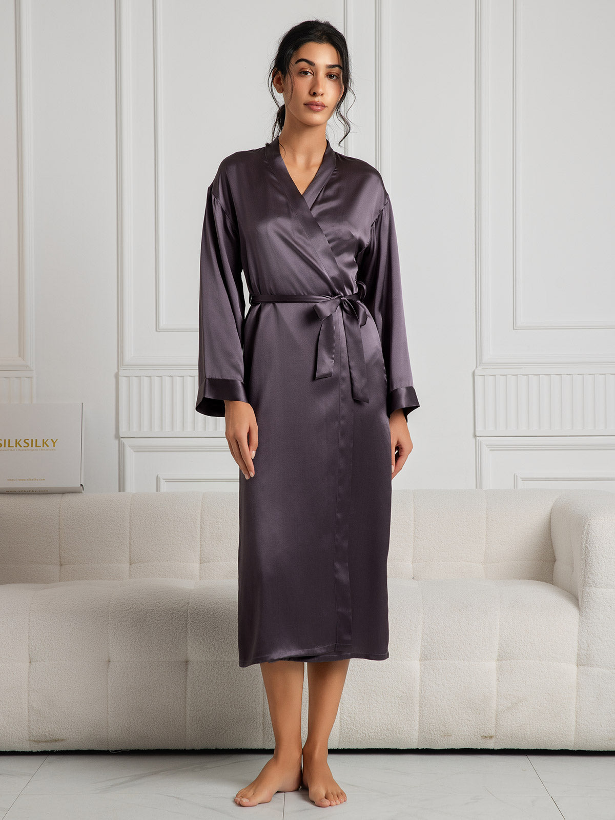 SilkSilky  Pure Silk Long Sleeve Womens Robe PurpleGray 001