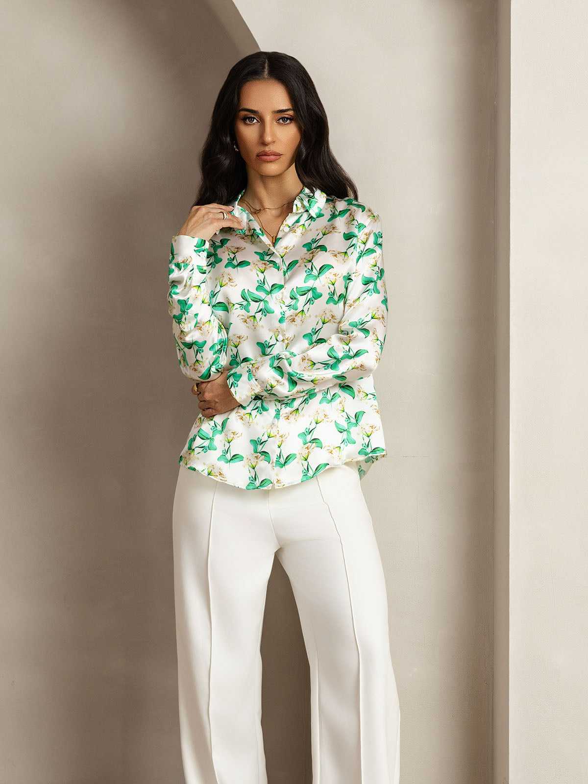 [Green Floral] SilkSilky  Silk Lapel Collar Women's Shirt 006