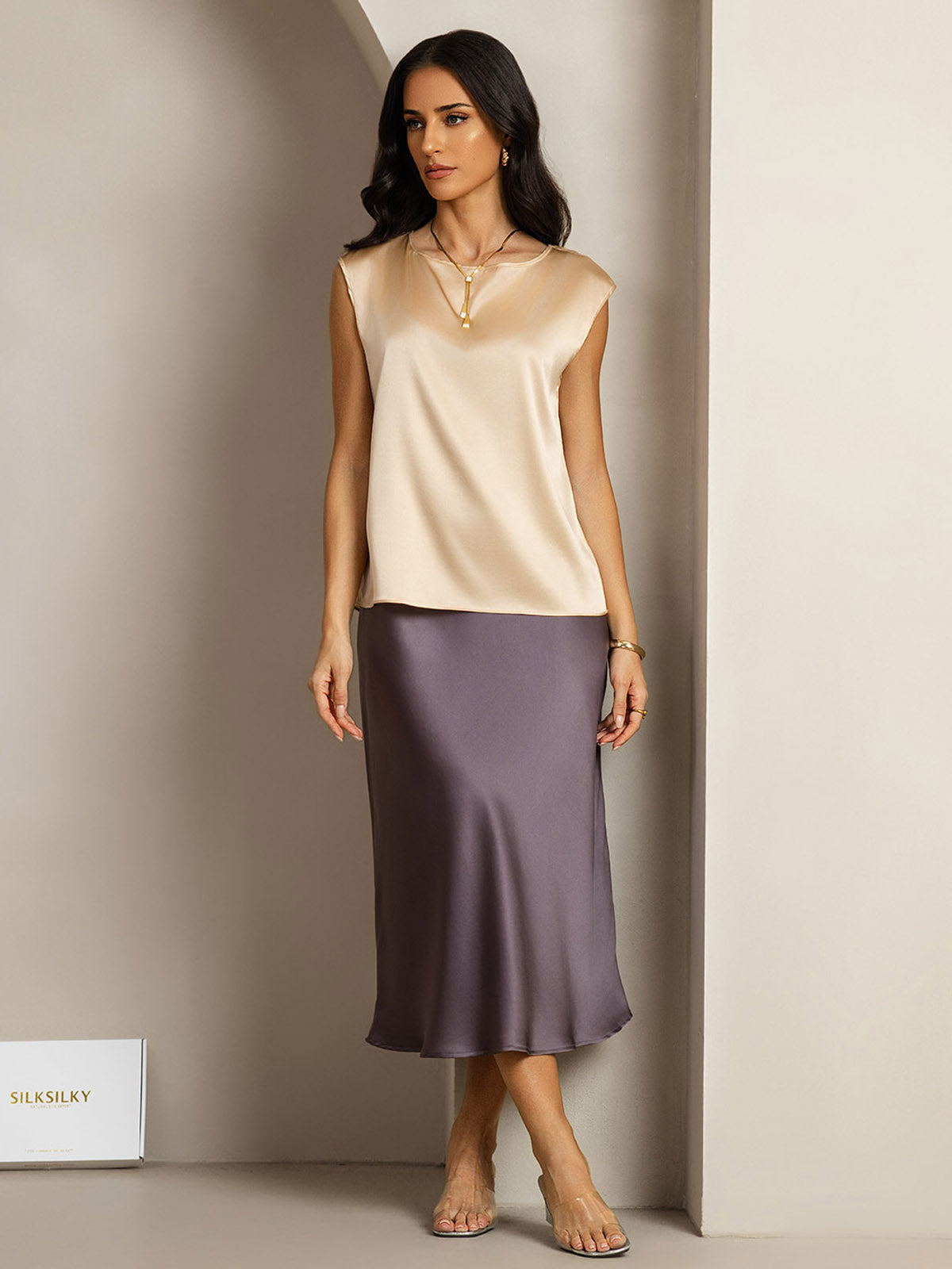 [Champagne] SilkSilky  19Momme Silk Round Neck Women's T-Shirt 003
