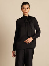 [Black] SilkSilky  Long Sleeve Tie Neck Blouse 004