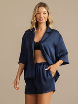 [Dark Blue] SilkSilky  19Momme Machine-Washable Silk Half Sleeve Notch Collar Women's Pajamas 003
