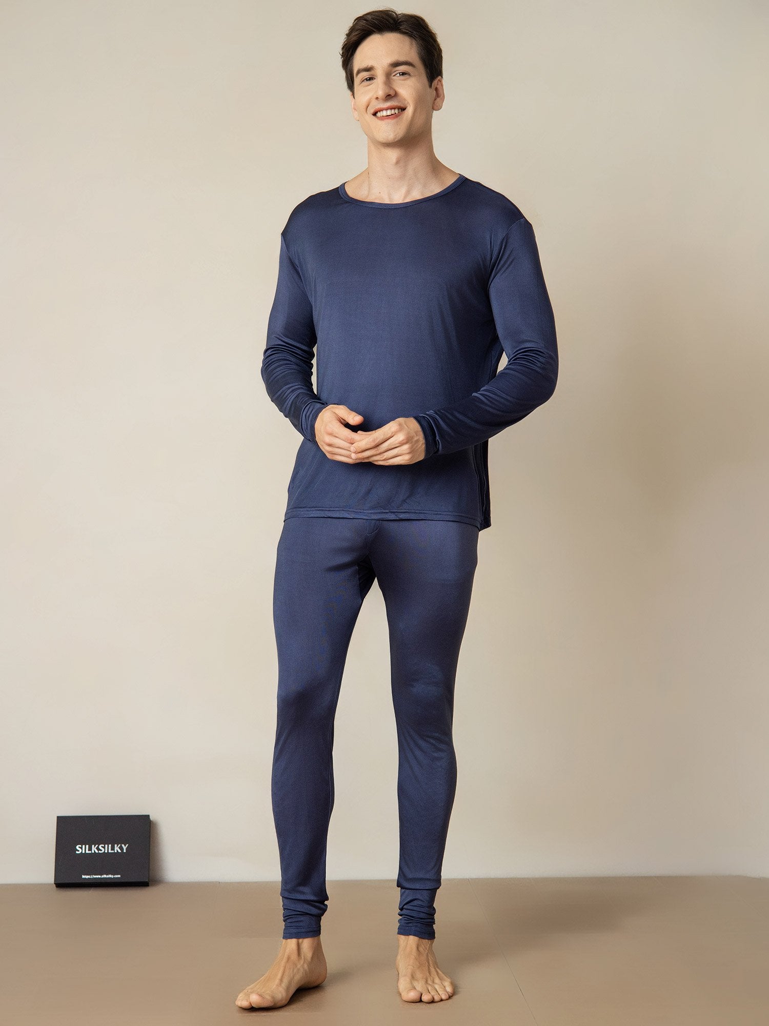[DarkBlue] SilkSilky Silk Round Neck Men's Pajamas 001