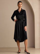 [Black] SilkSilky Long Sleeve Lapel Collar Dress 001