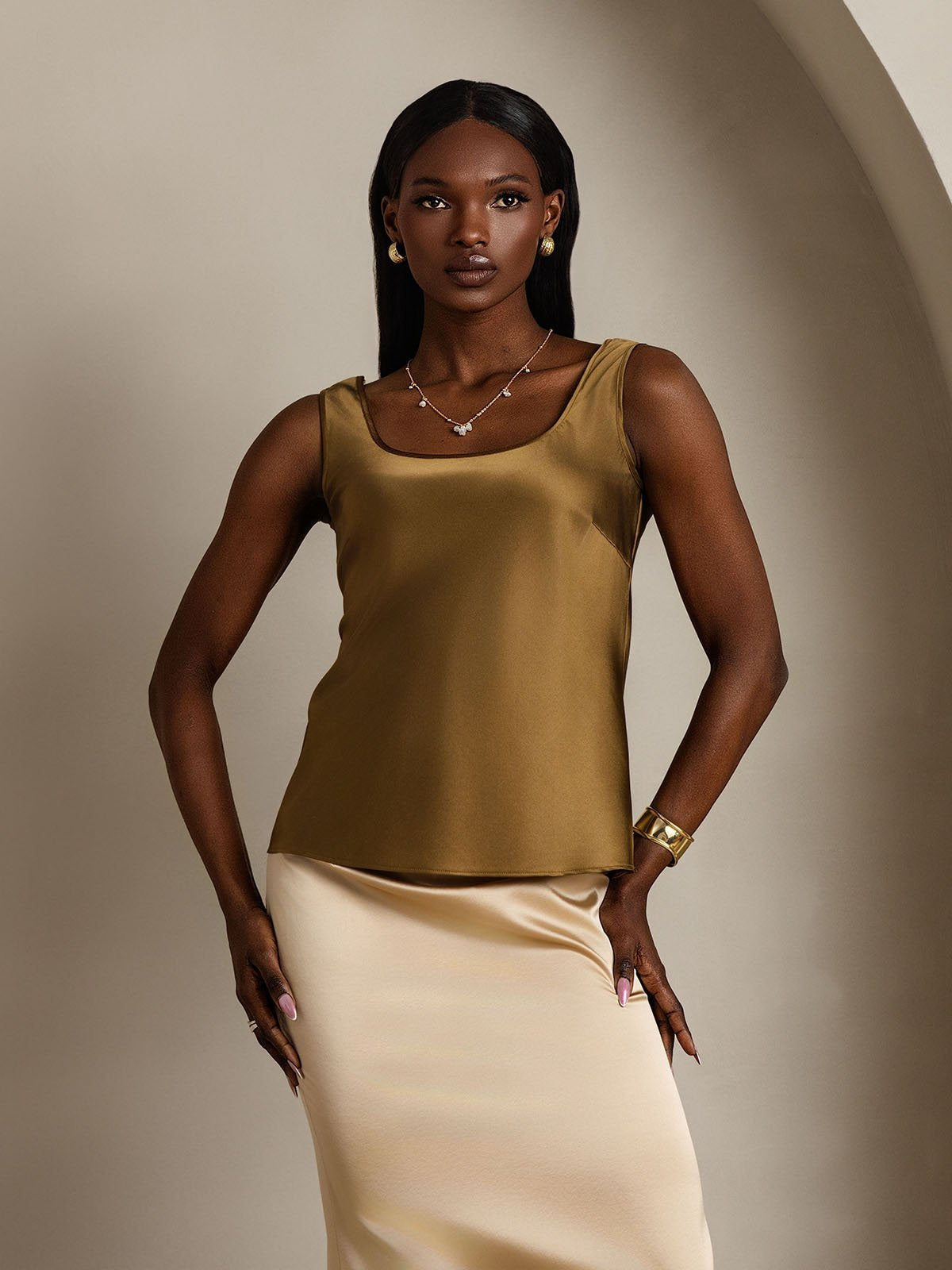 [Brown] SilkSilky  19Momme Silk U Neck Camisole Top 001