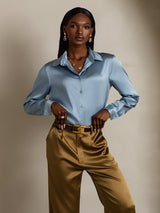 [Grayish Blue] SilkSilky  19Momme Stretch Silk Charmeuse Long Sleeve Lapel Collar Women's Shirt 003
