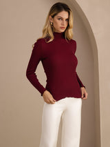 [Wine] SilkSilky  Long Sleeve Turtle Neck Women's T-Shirt 003