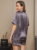 SilkSilky  Pure Silk Short Sleeve Lapel Women's Pajamas PurpleGray 002