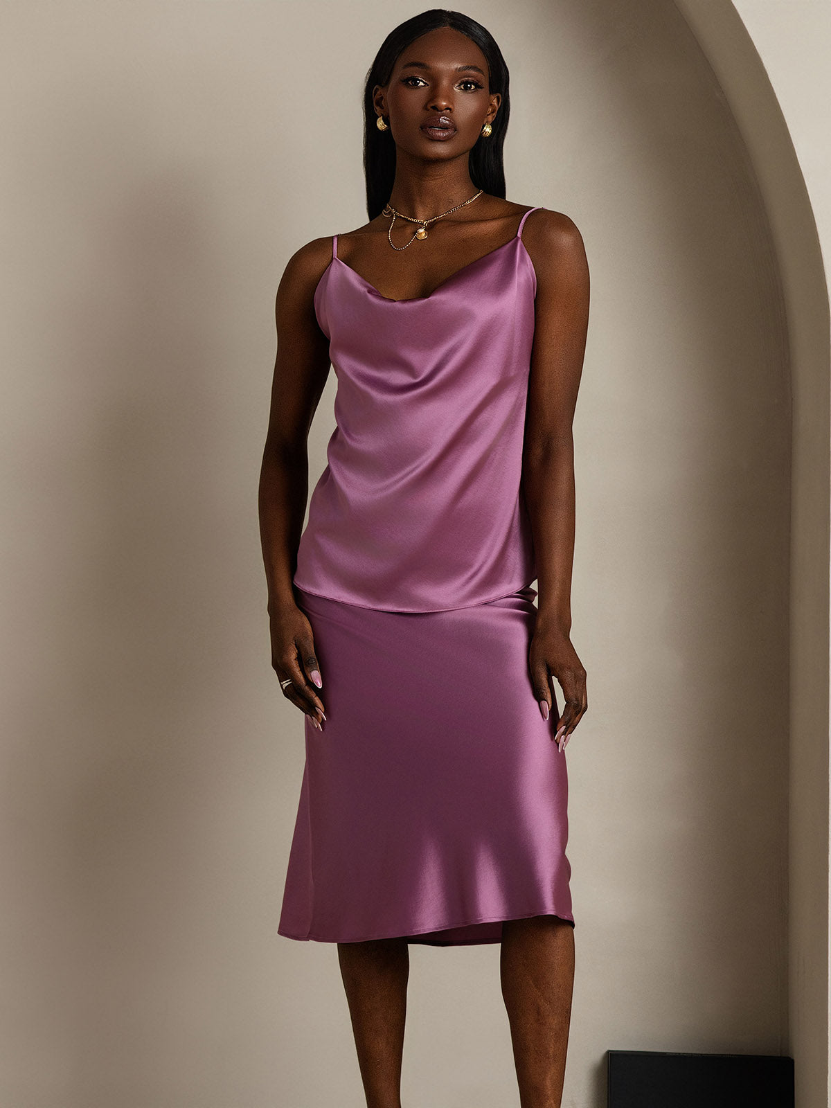 [Deep Purple] SilkSilky  19Momme Silk Cowl Neck Camisole Top 005