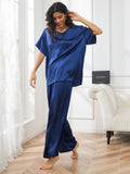 SilkSilky US Pure Silk Short Sleeve V Neck Women's Pajamas DarkBlue 006