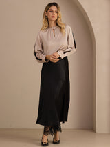 [Tan] SilkSilky Long Sleeve Keyhole Neck Women's Blouse 007