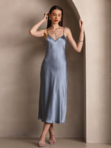 [Grayish Blue] SilkSilky  Pure Silk Spaghetti Strap V Neck Dress 006