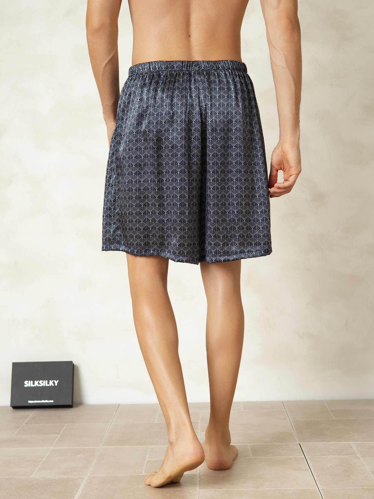 [Navy Ginkgo] SilkSilky  Pure Silk Mens Sleep Bottoms 002,