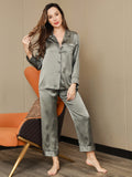 SilkSilky US Pure Silk Long Sleeve Lapel Women's Pajamas GrayishGreen 006