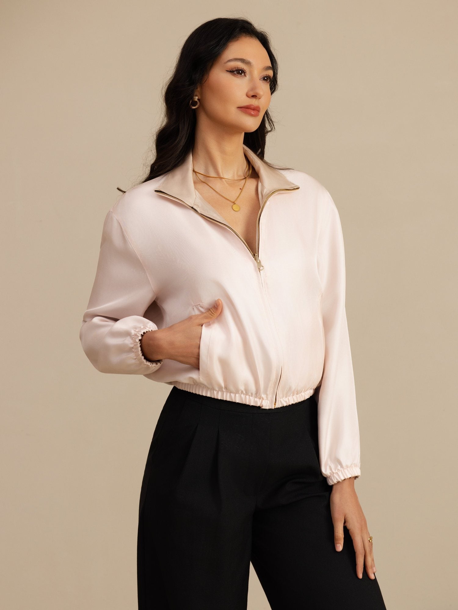 [Tan+Pink] SilkSilky  18Momme Silk Satin Surah Long Sleeve Stand Collar Women's Outerwear 005