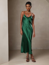 [Green] SilkSilky  Pure Silk Spaghetti Strap V Neck Dress 001