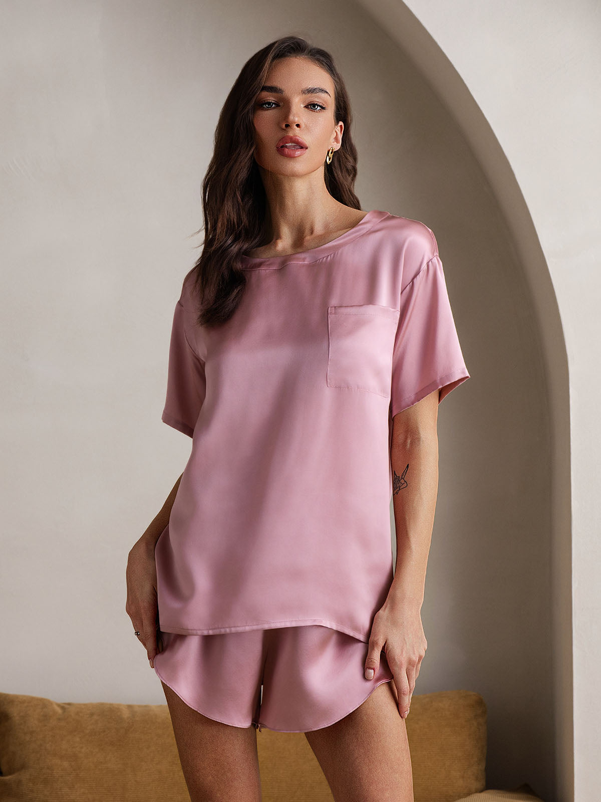 [Pale Mauve] SilkSilky  Pure Silk Round Neck Women's Pajamas 004