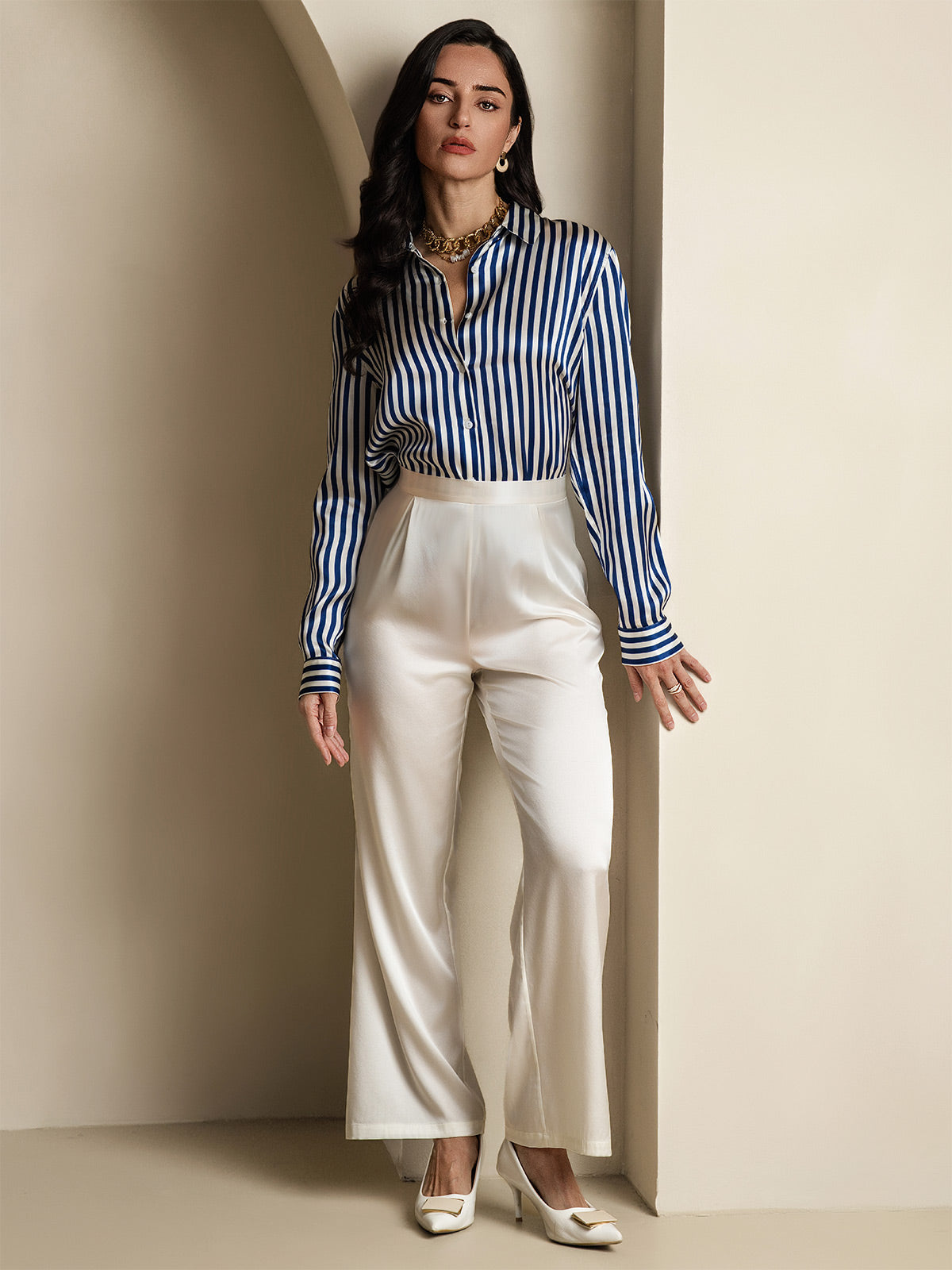 [Navy Stripe] SilkSilky  Silk Lapel Collar Women's Shirt 007,